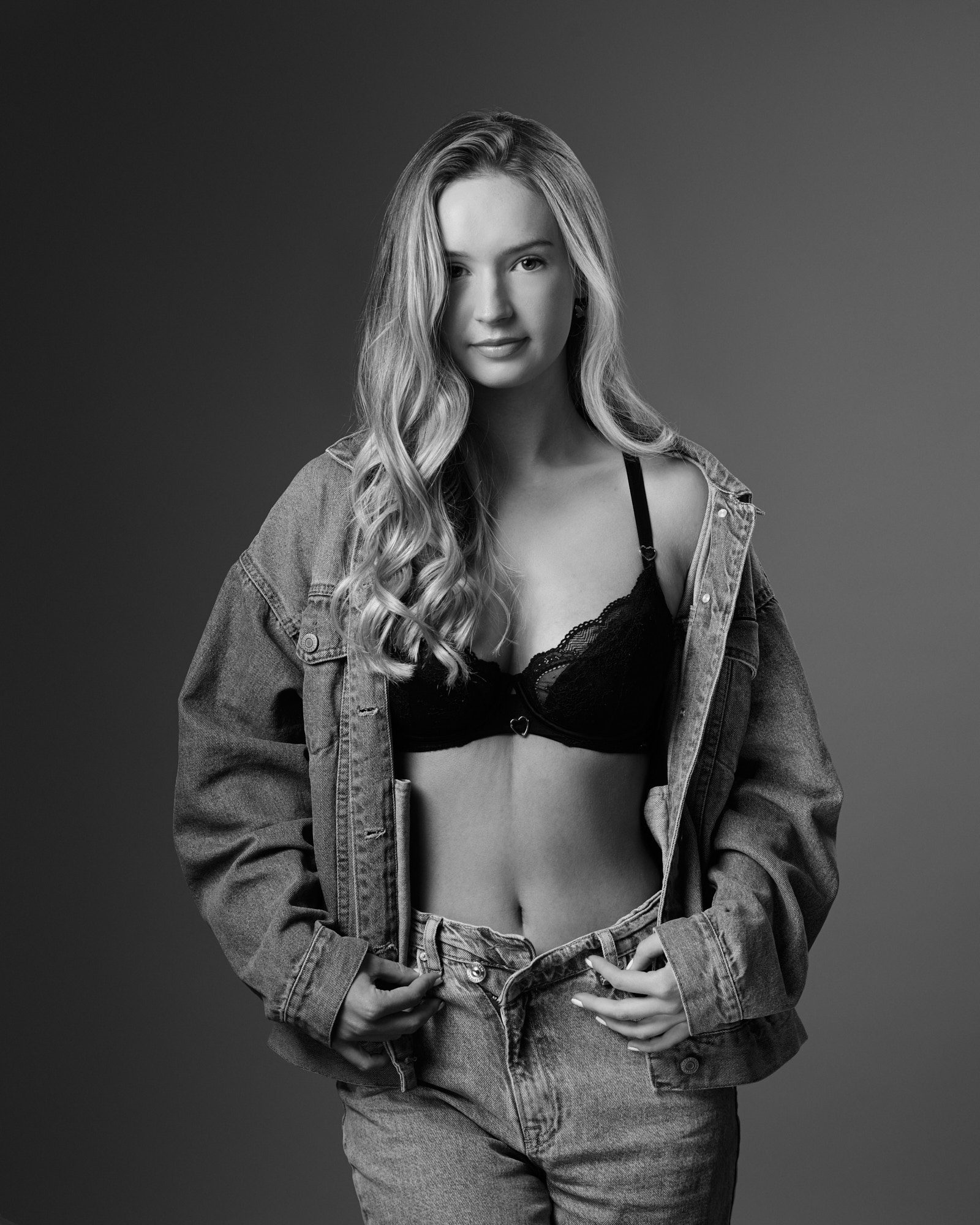 Gina Jarrett black & white portrait of dancer Gina in double denim and lingerie