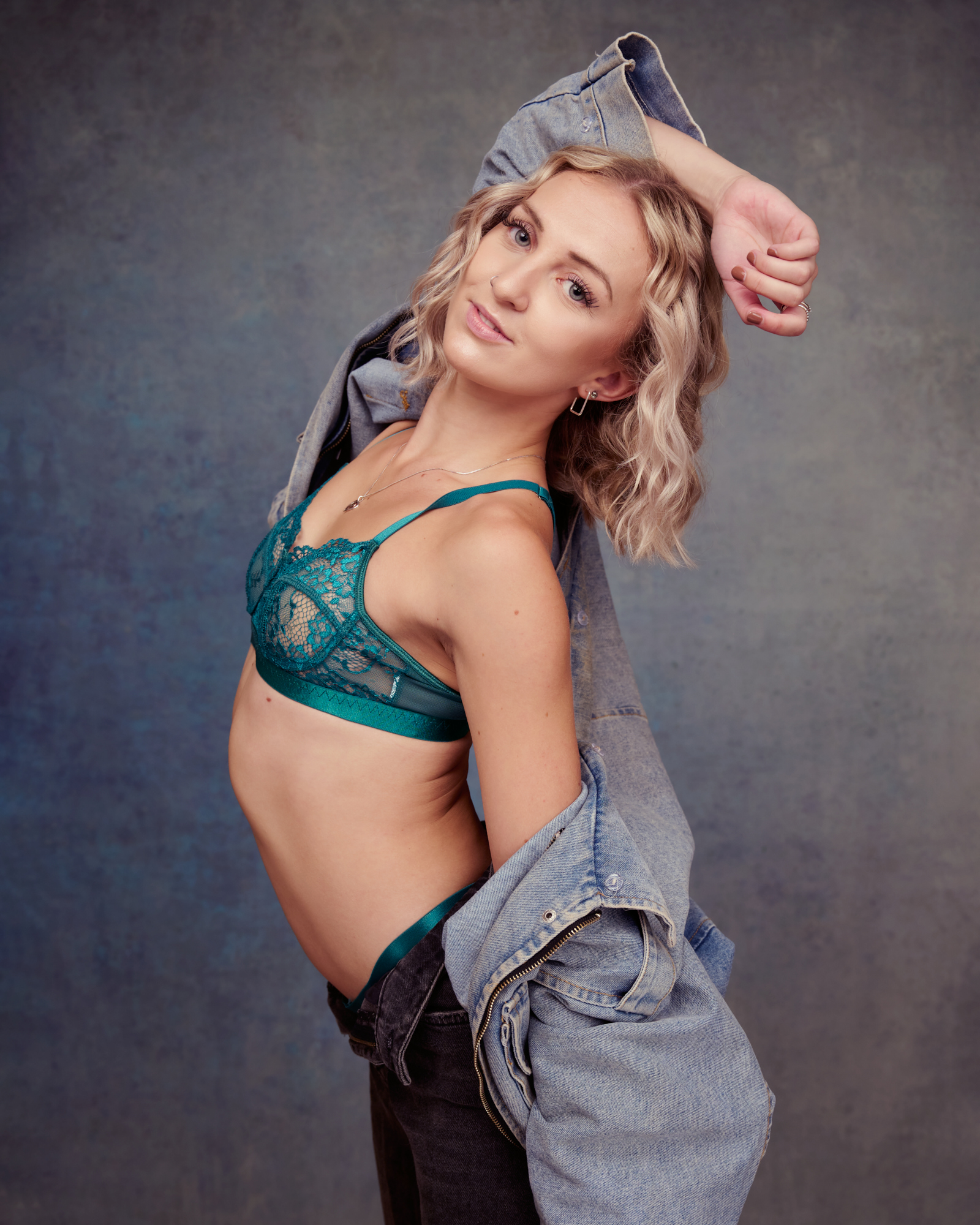 DSC_0969__Leigha George Beautiful model wearing blue lingerie and shirt sat on a stool